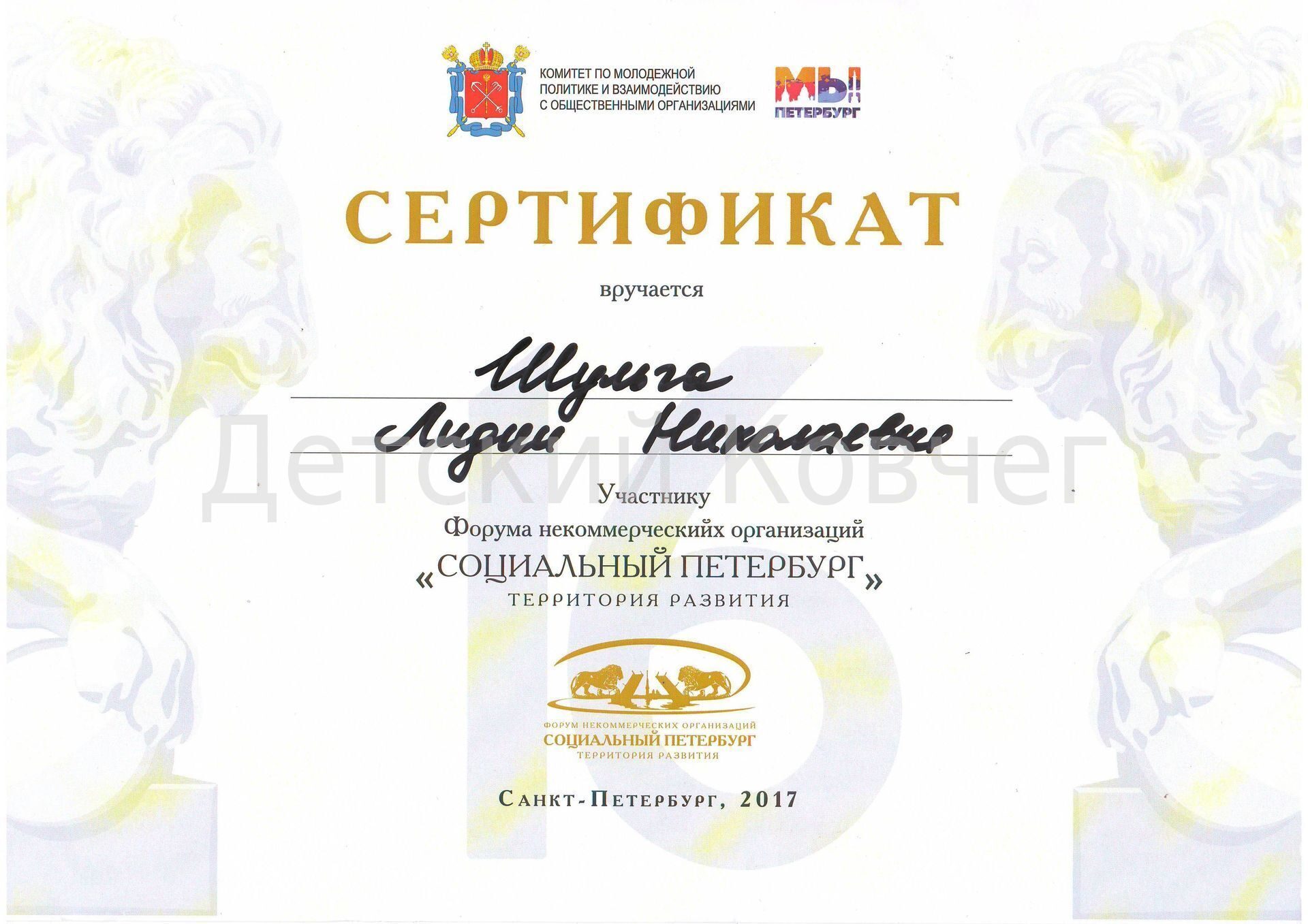 Сертификат об участии в Форуме НКО "Социальный Петербург" 2017г.